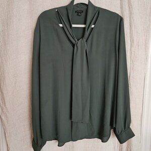 Ann Taylor Tie Neck Blouse Olive Green Long Sleeve Wrinkle Free Top